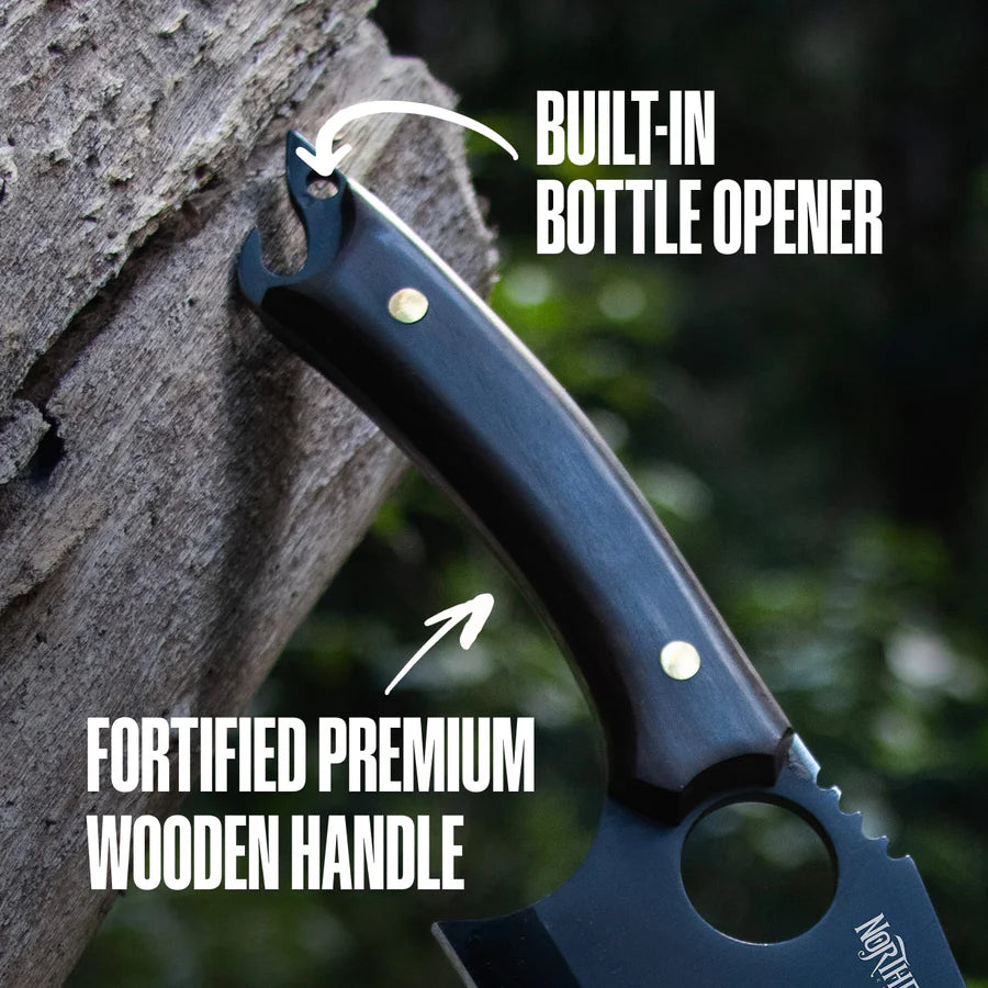 Close-up of the Loki knife’s fortified wooden handle with integrated bottle opener on a tree trunk.