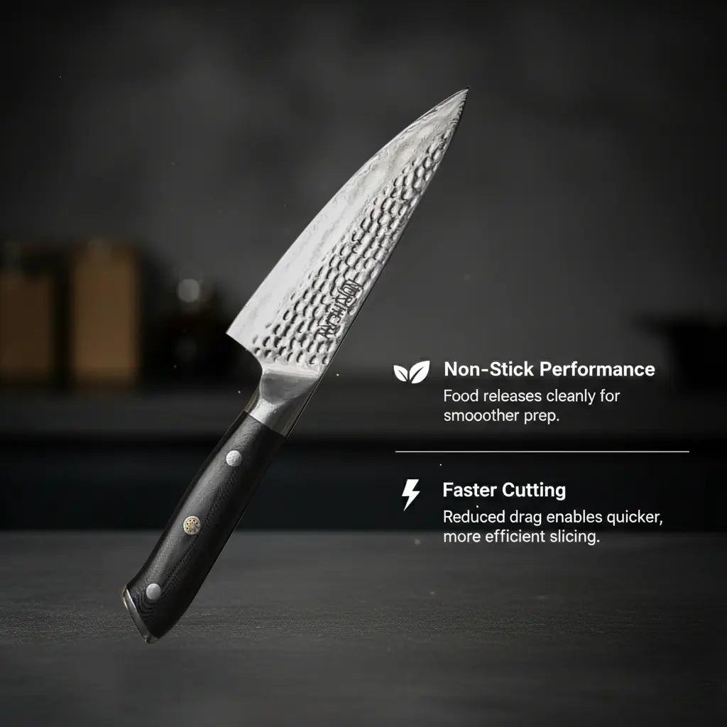 Northern Knife hammered Damascus steel chef knife infographic highlighting non-stick performance and faster cutting due to reduced drag from the tsuchime finish.