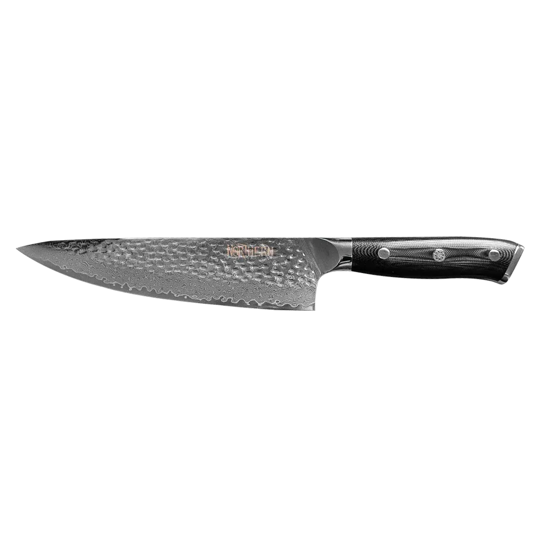 Northern Knife Odin Chef Knife on a white background featuring a 67-layer Damascus steel blade with a hammered tsuchime finish and an ergonomic black handle.
