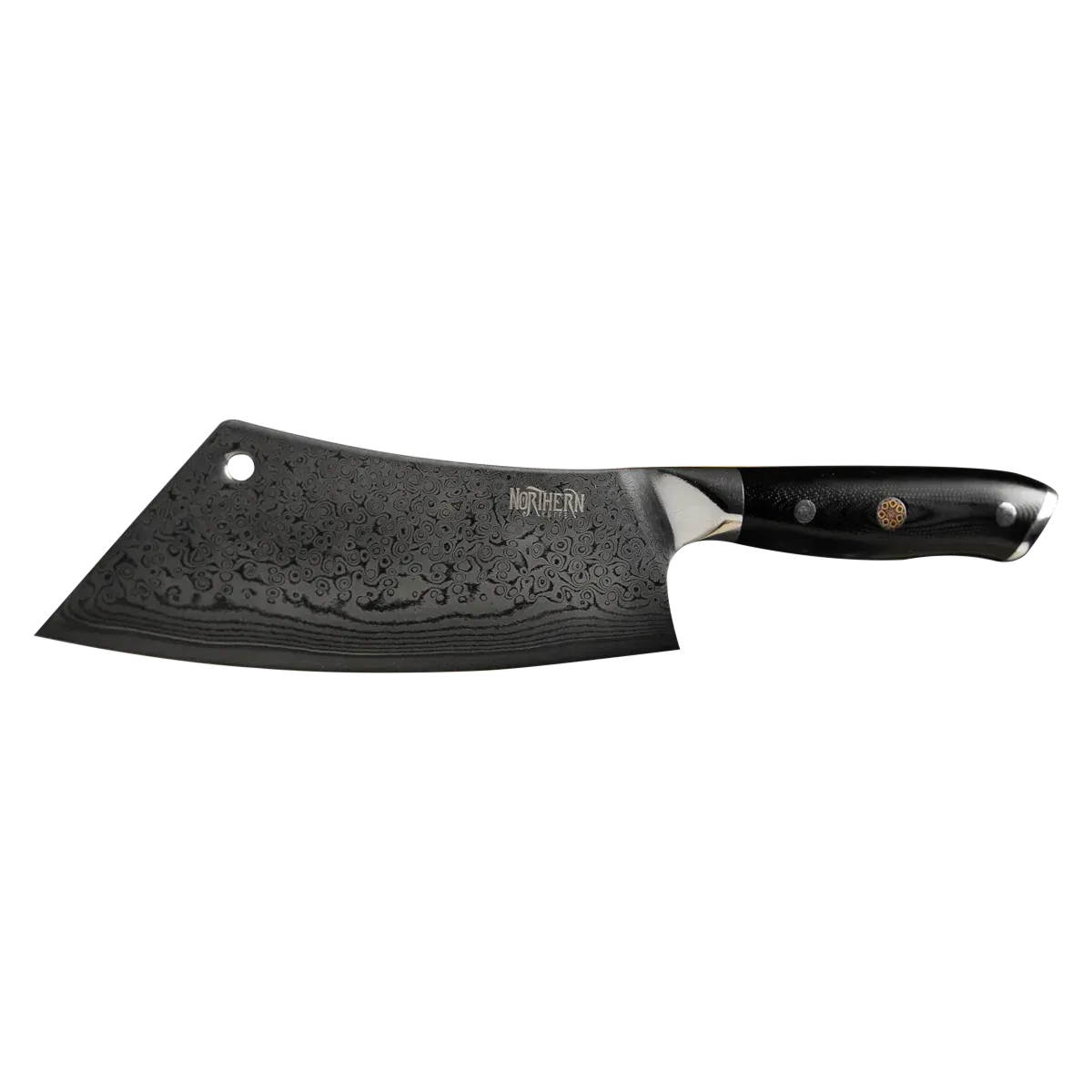 Northern Knife Odin Hybrid Cleaver on a white background, featuring a dark Damascus steel blade with intricate raindrop patterns and an ergonomic G10 handle.