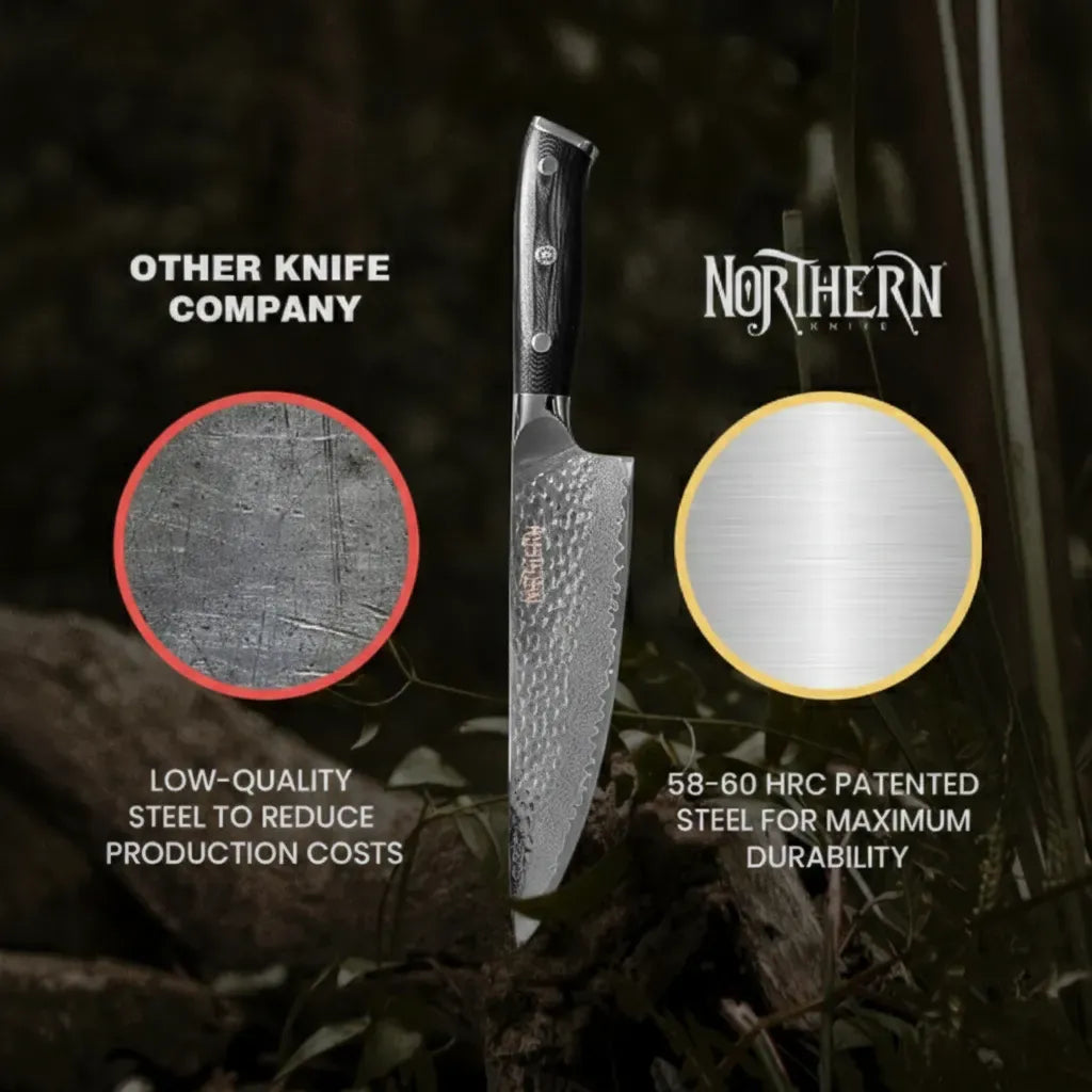 Northern Knife Odin Chef Knife with hammered tsuchime finish slicing a large tomahawk steak on a wooden carving board.