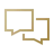 Gold minimalist speech bubbles icon representing 24/7 customer support, live chat assistance, and expert culinary advice.