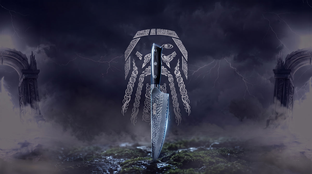 Odin line-art over a stormy northern sky