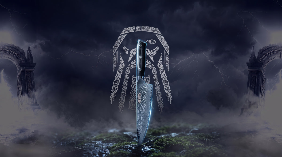 Odin line-art over a stormy northern sky