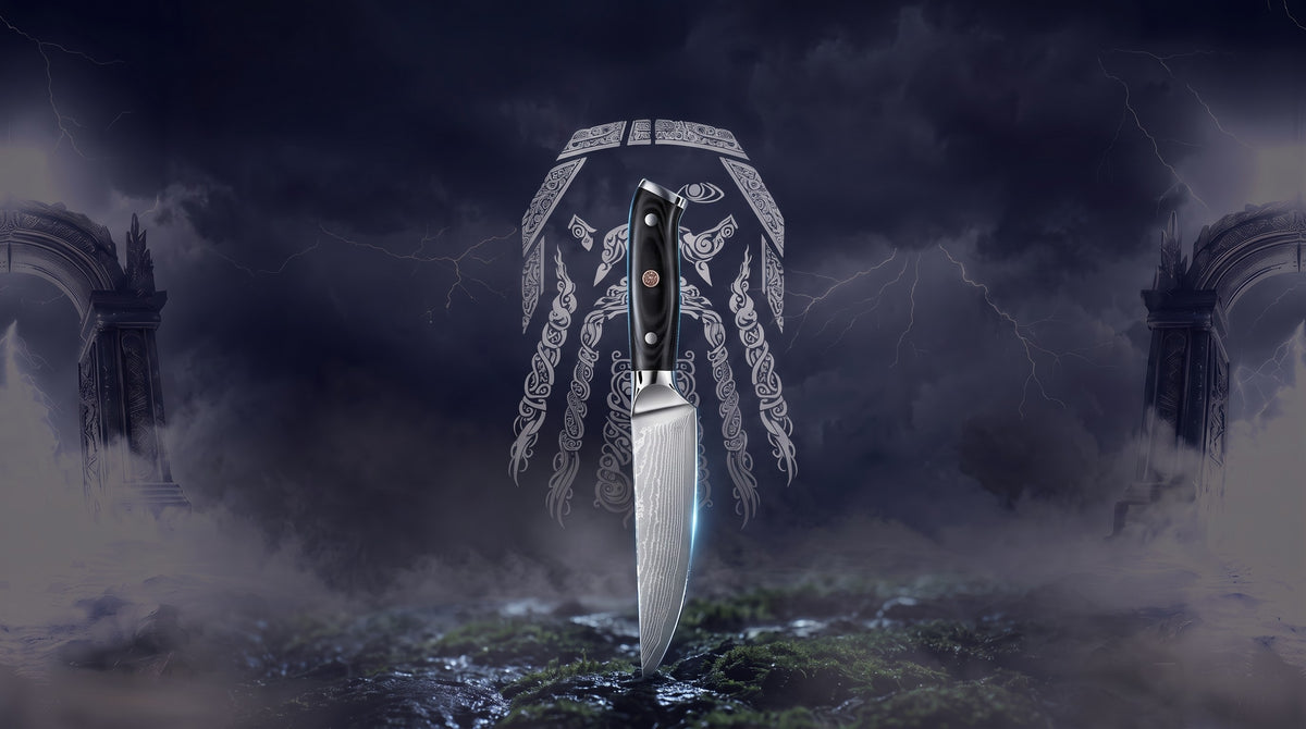 Odin line-art over a stormy northern sky